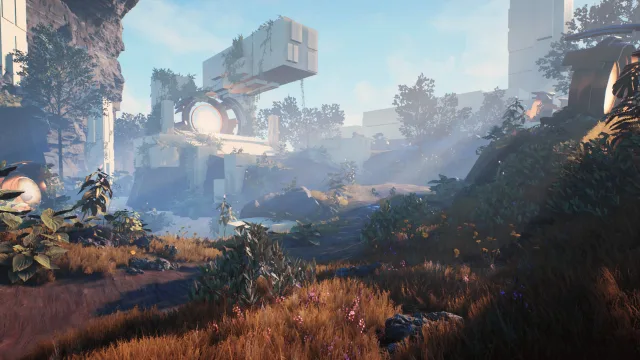 Exemple d'univers de jeu vidéo en 3D, entre nature et architecture futuriste